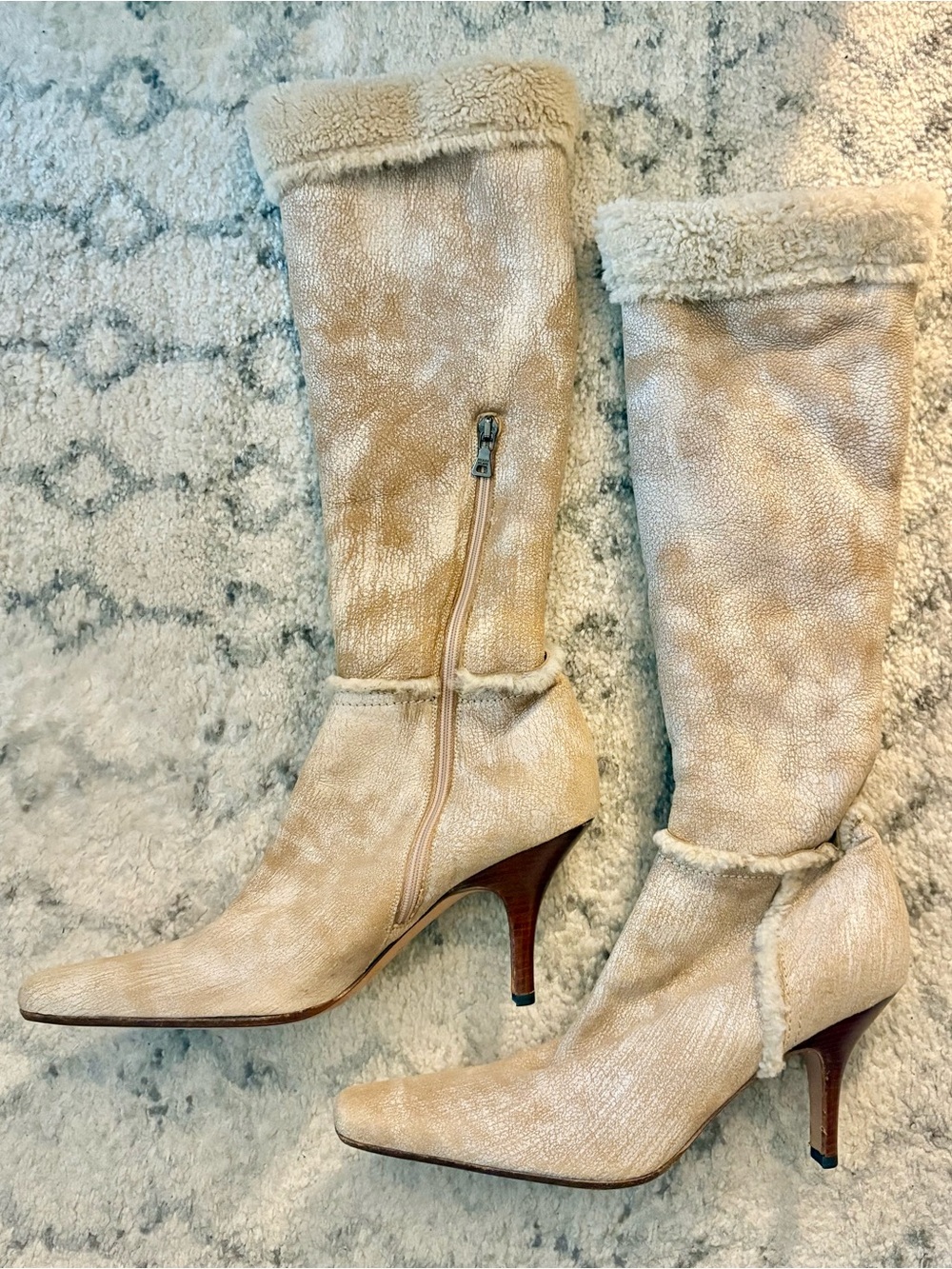 Vintage Prada Shearling Lined Camel Tan Knee High Heeled Boots